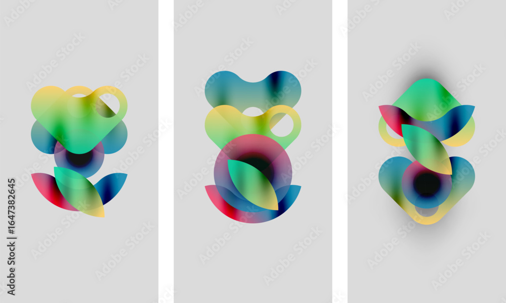 Poster abstract colorful shapes overlap, creating vibrant gradients. three panels display similar compositi