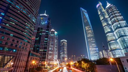 Night View of Modern Skyscrapers in Urban Area