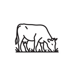 Simple Line Art Icon of a Cow Grazing in a Field of Grass cattle animal