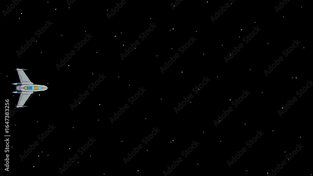 Poster looping pixel art of a spaceship flying in space with moving stars and central empty area for text o