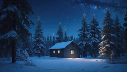 Naklejka premium A cozy cabin in a snowy forest at night with stars visible in the sky.