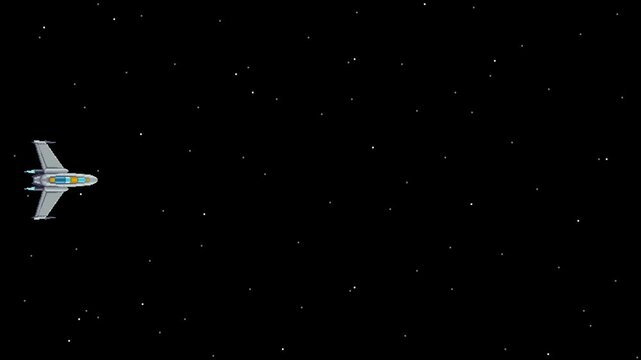 Looping pixel art of a spaceship flying in space with moving stars and central empty area for text or design elements.