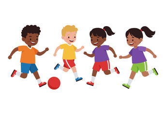 Diverse Children Playing Soccer Together in Colorful Outfits