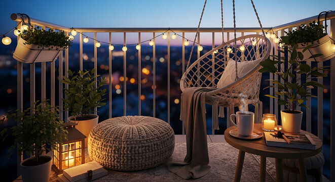 A cozy balcony at night with string lights, a hanging chair, and a view of the city lights in the distance