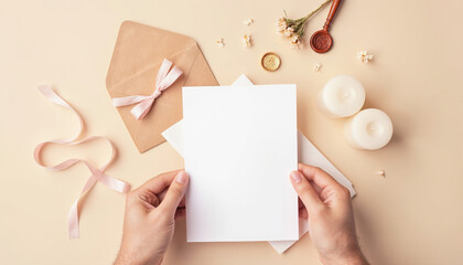 Obraz premium Vintage Styled Blank Card and Envelope Mockup with Wax Seal and Dried Flowers