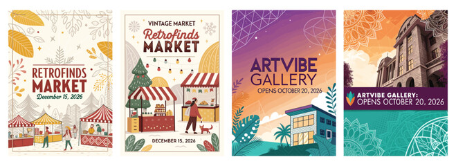 Colorful event posters for a vintage market and art gallery opening, showcasing festive designs and inviting themes.