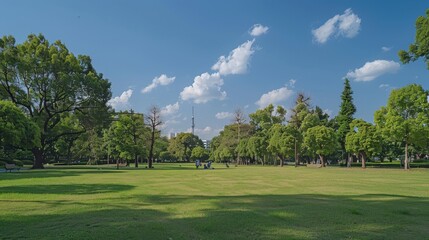 Obraz premium Vast green lawn and lush trees in a sunny urban park, clear blue sky with fluffy clouds.