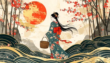Traditional Japanese Woman in Kimono Amidst Nature with Red Sun