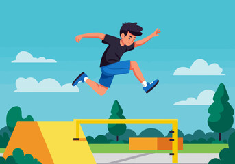 Cartoon Boy Jumping Over Hurdle in Outdoor Track Event