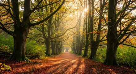 Golden sunlight filtering through autumn trees on a serene forest path
