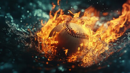 Baseball surrounded by flames and water in a dramatic and intense scene