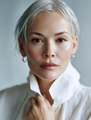 Close-up portrait of a woman, studio style, magazine cover, pale skin and grainy texture 