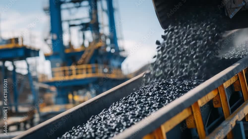 Poster a dynamic close-up of coal transitioning from a chute to a conveyor, highlighting energy and extract