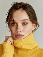 Close-up portrait of a woman, studio style, magazine cover, pale skin and grainy texture 