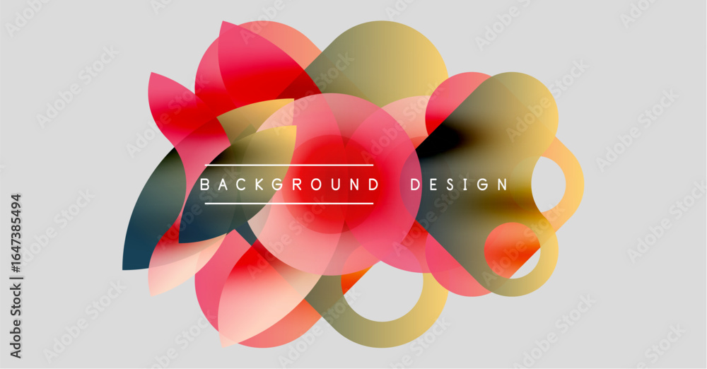 Poster abstract colorful shapes overlap, creating dynamic visual effect. background features text backgroun