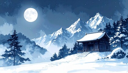Fototapeta premium Tranquil Snowy Night With Temple And Full Moon In Mountain Landscape