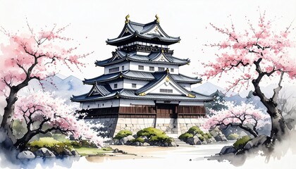 Traditional Japanese Castle with Cherry Blossoms