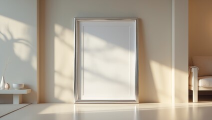 A clean, empty space with a framed mirror leaning against a wall, illuminated by natural sunlight, with minimal decor.