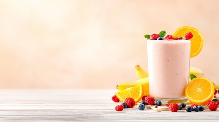 A refreshing fruit smoothie with bananas, oranges, and berries, garnished with mint leaves, set against a soft, neutral background.