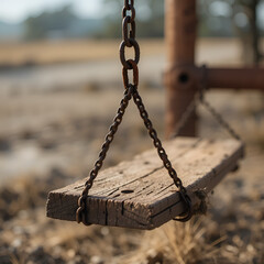 A single wooden swing creaks softly in the breeze, its chain stretched taut against a rusty metal loop, gentle, metal, creak