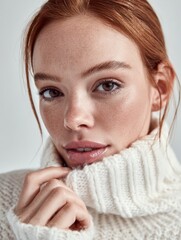 Close-up portrait of a woman, studio style, magazine cover, pale skin and grainy texture 