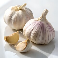 Two whole bulbs and three cloves of fresh garlic, a healthy and flavorful ingredient for cooking, presented on a clean white background