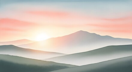 Fototapeta premium Serene Mountain Landscape: Misty Peaks at Sunrise or Sunset with Soft Hues and Layered Hills, Digital Art