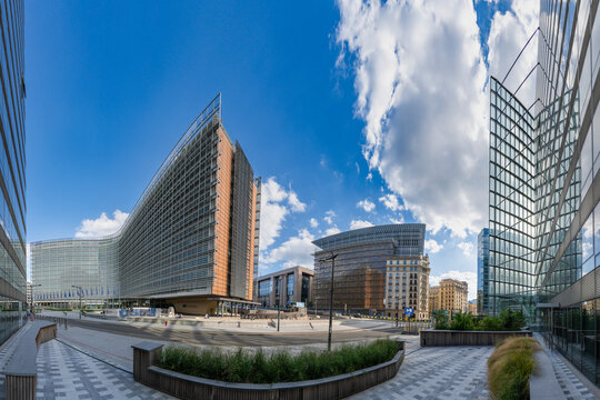 Brussels, Belgium, 08.10.2025, Panorama from Rond Point place, with EU buildings Berlaymont, R&eacute;sidence Palace, Council of Ministers building, Char, European Union construction sites