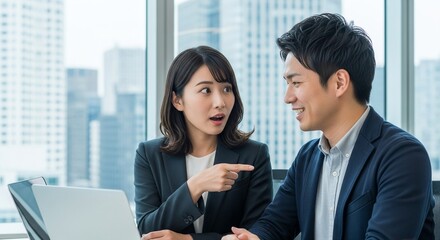 同僚のアイデアに驚く日本人女性ビジネスウーマン