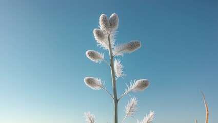 Fototapeta premium A plant with fuzzy, elongated seed heads against a clear blue sky.