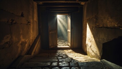 Fototapeta premium Dimly lit doorway revealing sunlight streaming through, illuminating stone steps and rugged walls.