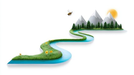 Scenic river journey with mountains and forest nature illustration flat design tranquil environment aerial view
