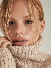 Close-up portrait of a woman, studio style, magazine cover, pale skin and grainy texture 