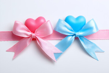 Pink and blue hearts with ribbon bows on white background a perfect gender reveal