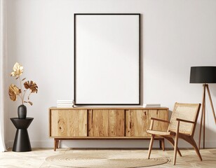 Blank vertical frame mockup in a modern Japandi style living room with natural wood furniture.
