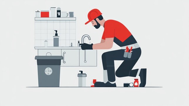 Plumber fixing kitchen sink faucet, light background