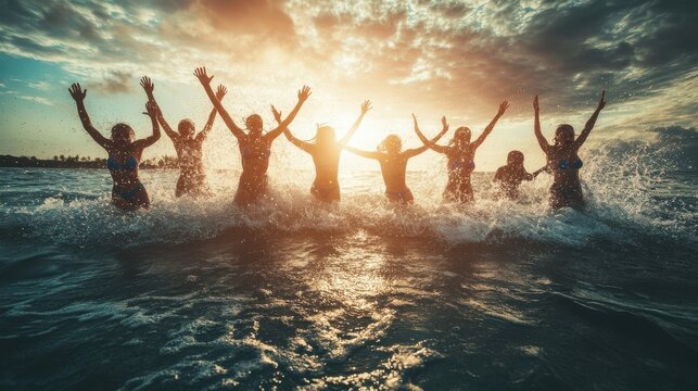 Joyful friends silhouetted with raised arms in ocean waves at dramatic sunset, celebrating freedom and happiness. - Powered by Adobe