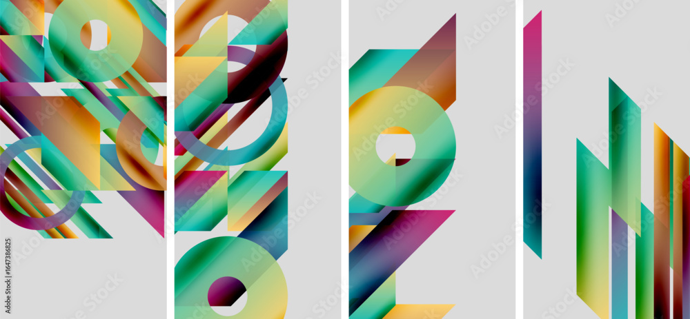 Poster abstract geometric composition. colorful shapes overlap, creating dynamic visual effect. modern art,