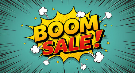 Boom sale comic pop art style background design for advertising and marketing promotion