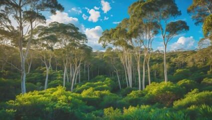 Fototapeta premium Lush forest with tall trees and vibrant green foliage under a bright blue sky with clouds.