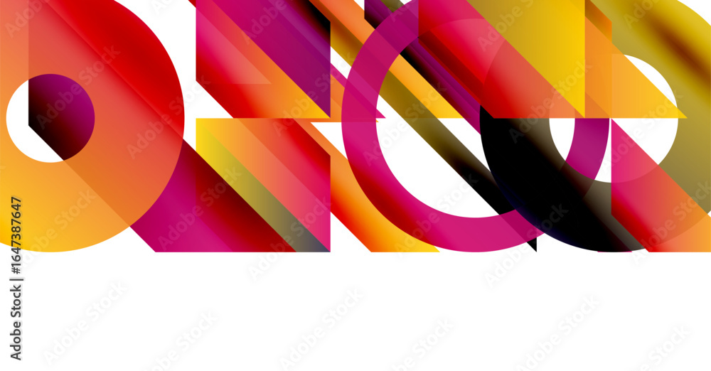 Poster abstract composition featuring overlapping shapes, vibrant colors. red, yellow, magenta dominate des