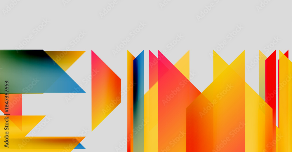 Poster abstract geometric shapes overlap, creating vibrant color gradients. composition features sharp angl