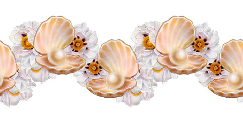 Seamless watercolor border with pearl seashells and white tree peonies. Hand-drawn marine floral illustration on white background. Perfect for packaging, cards, weddings, and decoration.