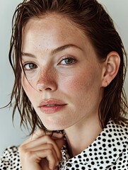 Close-up portrait of a woman, studio style, magazine cover, pale skin and grainy texture 