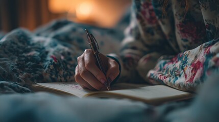 A woman writes in a cozy notebook under soft lighting, wrapped in a colorful blanket.