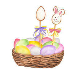 Yellow, purple, green, pink and white watercolor Easter eggs in wicker basket. Cookies on sticks. Happy Easter food clipart. Hand-drawn illustration for greeting cards, stickers, invitations design