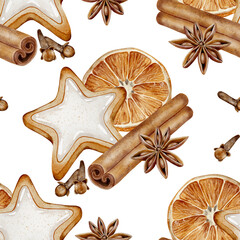 Seamless pattern with Christmas cookies, cinnamon sticks, dried orange slices, star anise and cloves. on white background. Perfect for fabric, wrapping paper, napkins, and festive decor.