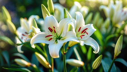 Obraz premium Cluster of white lilies with red stamens blooming amidst green foliage.