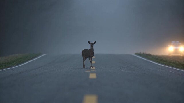 Deer standing on foggy road at night