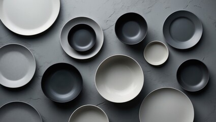 A variety of empty plates in black, white, and gray shades arranged on a gray surface.